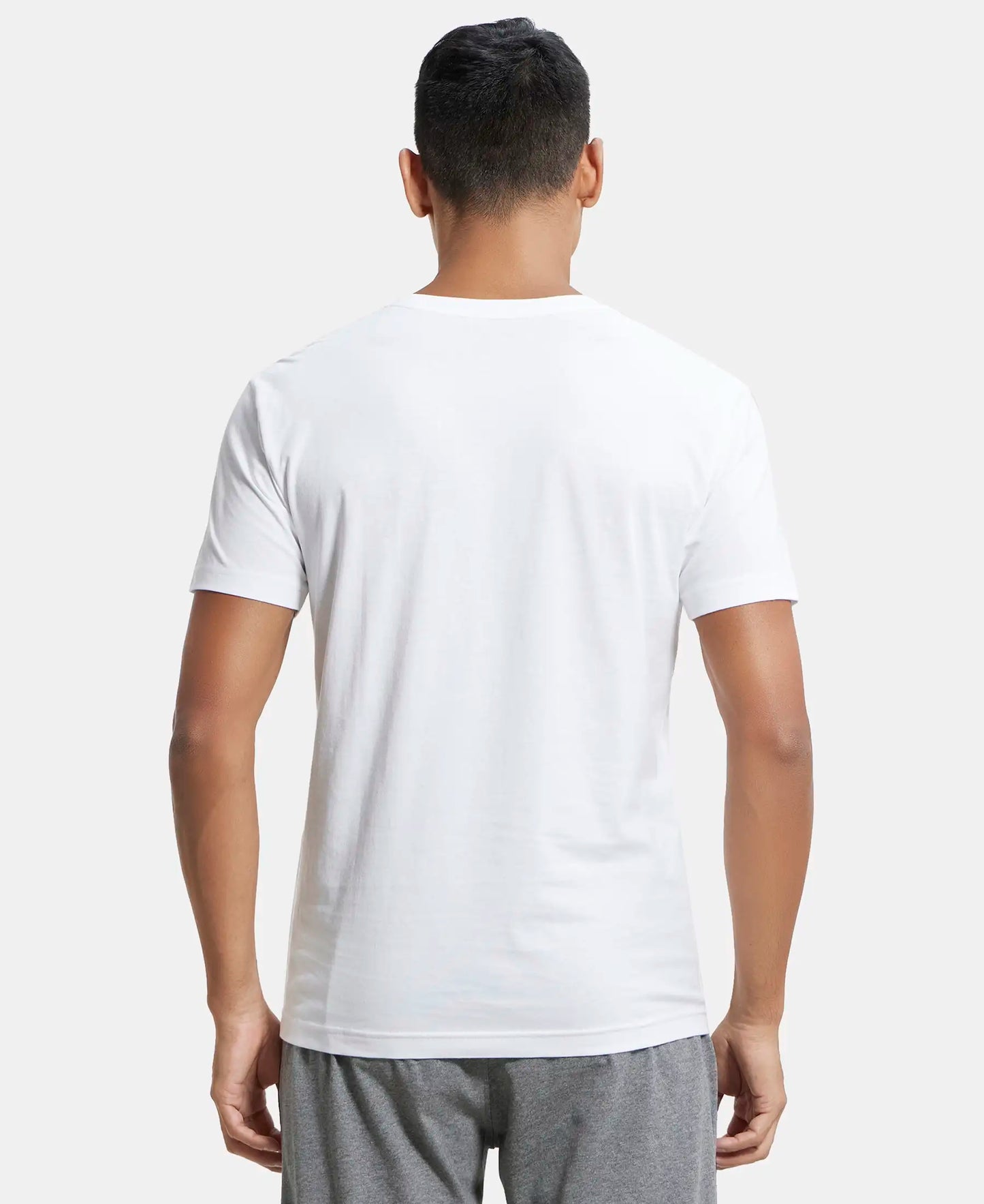Super Combed Cotton Rich Solid V Neck Half Sleeve T-Shirt  - White-3