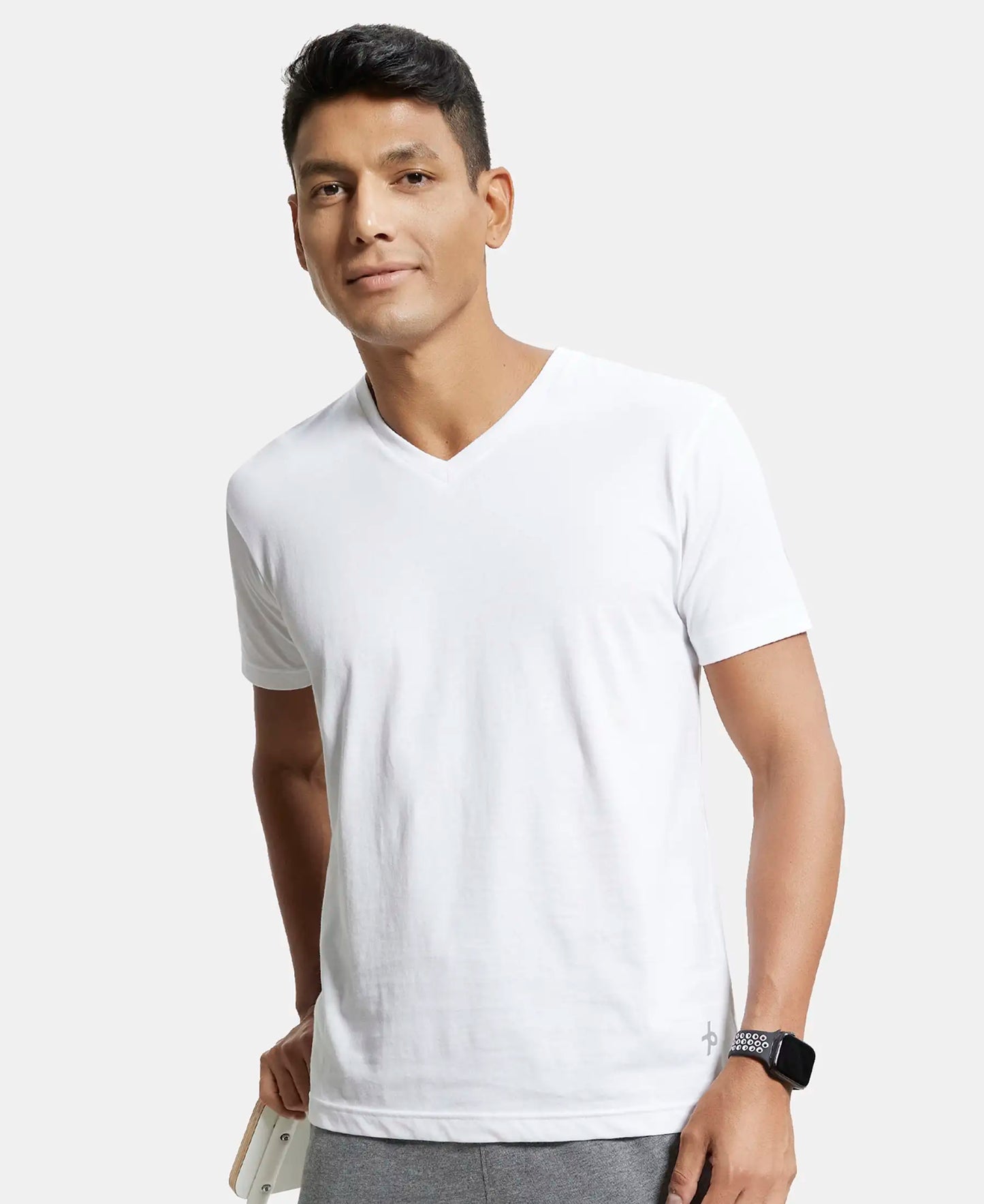 Super Combed Cotton Rich Solid V Neck Half Sleeve T-Shirt  - White-5