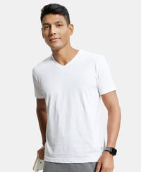 Super Combed Cotton Rich Solid V Neck Half Sleeve T-Shirt  - White-5