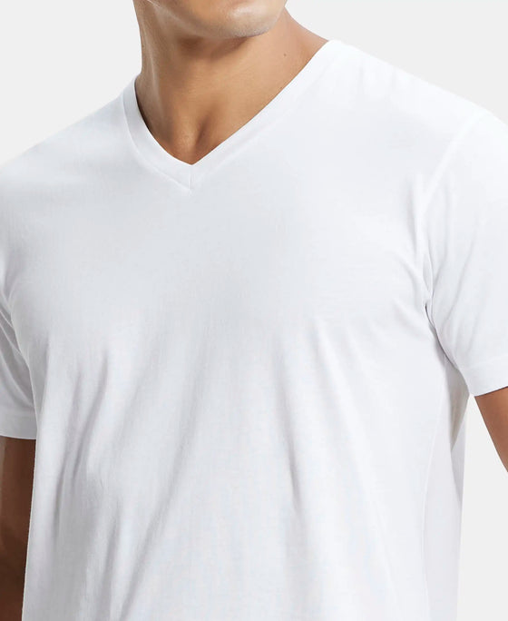 Super Combed Cotton Rich Solid V Neck Half Sleeve T-Shirt  - White-6