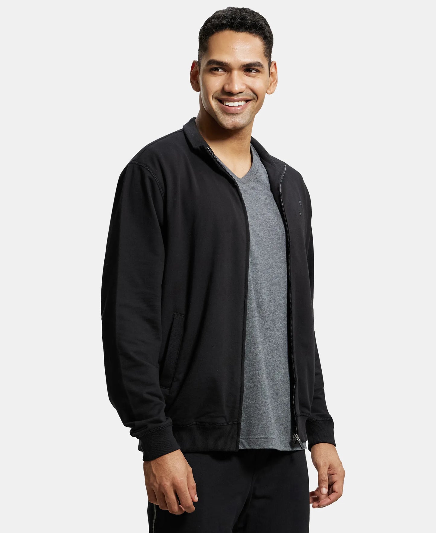 Super Combed Cotton French Terry Jacket with Ribbed Cuffs - Black-2