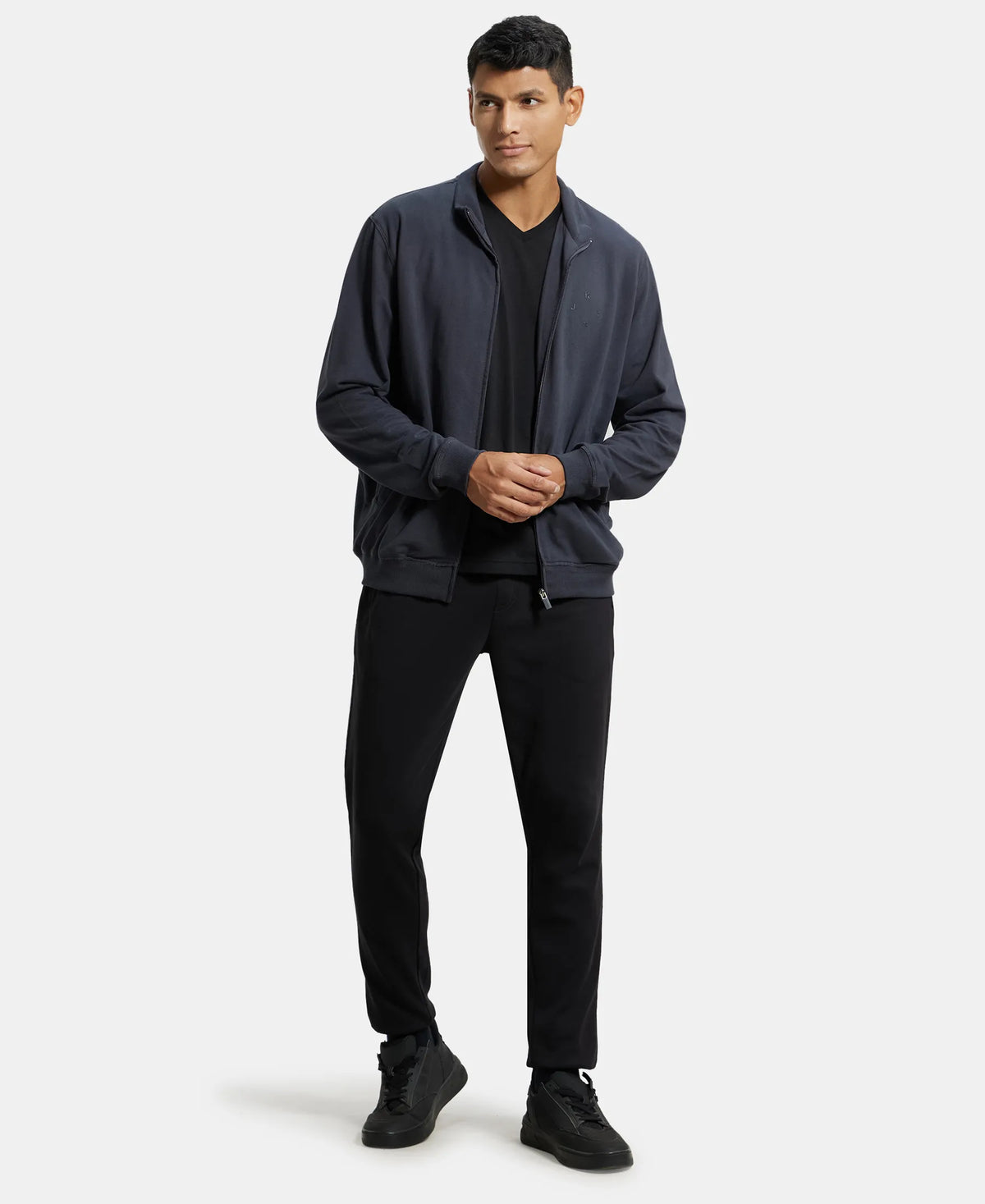 Super Combed Cotton French Terry Jacket with Ribbed Cuffs - Graphite-4