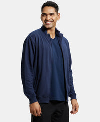 Super Combed Cotton French Terry Jacket with Ribbed Cuffs - Navy-2