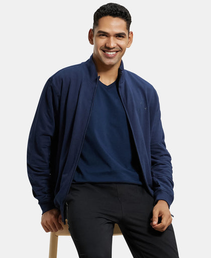 Super Combed Cotton French Terry Jacket with Ribbed Cuffs - Navy-5