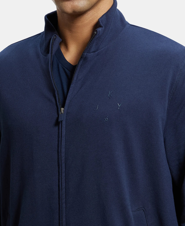Super Combed Cotton French Terry Jacket with Ribbed Cuffs - Navy-7