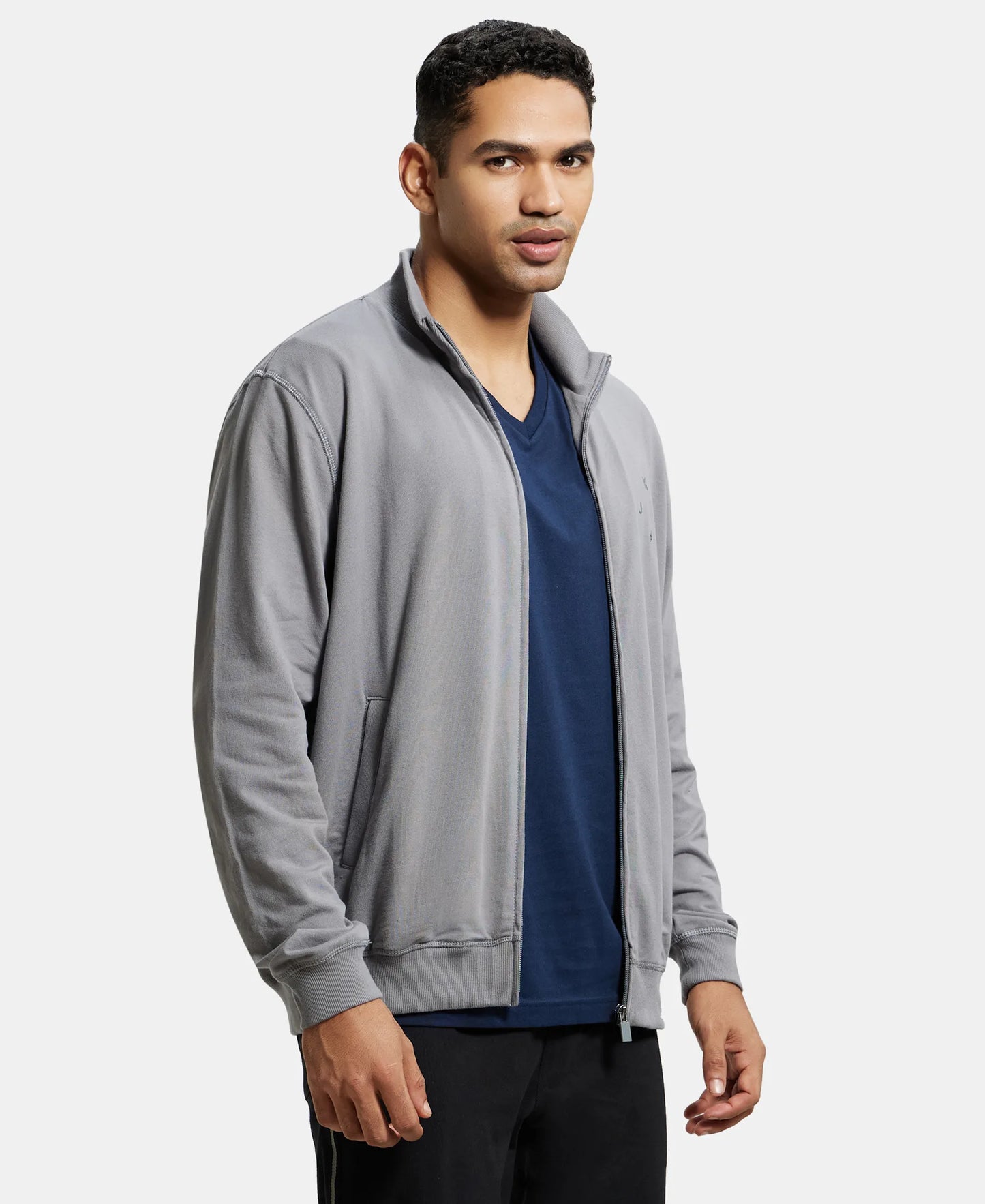 Super Combed Cotton French Terry Jacket with Ribbed Cuffs - Performance Grey-2