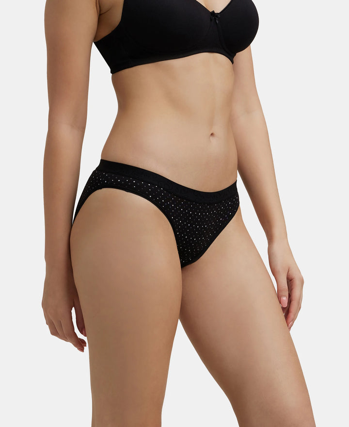 Medium Coverage Super Combed Cotton Elastane Stretch Bikini With Exposed Waistband and StayFresh Treatment - Black print-2