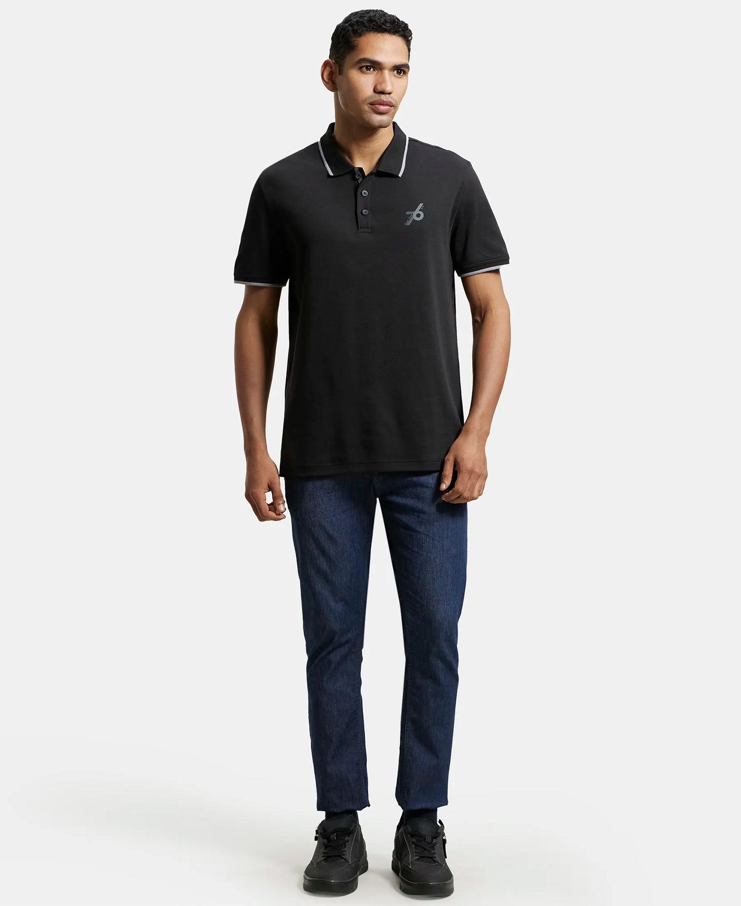 Super Combed Cotton Rich Solid Half Sleeve Polo T-Shirt - Black-4