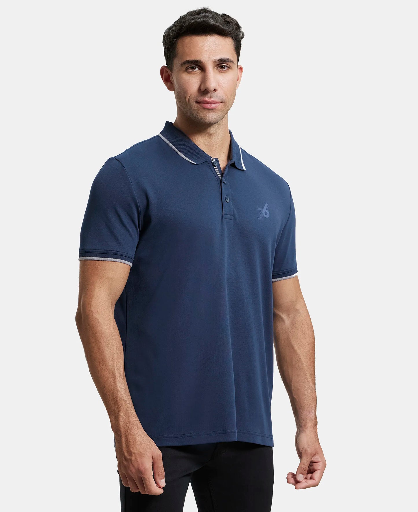 Super Combed Cotton Rich Solid Half Sleeve Polo T-Shirt - Navy-2