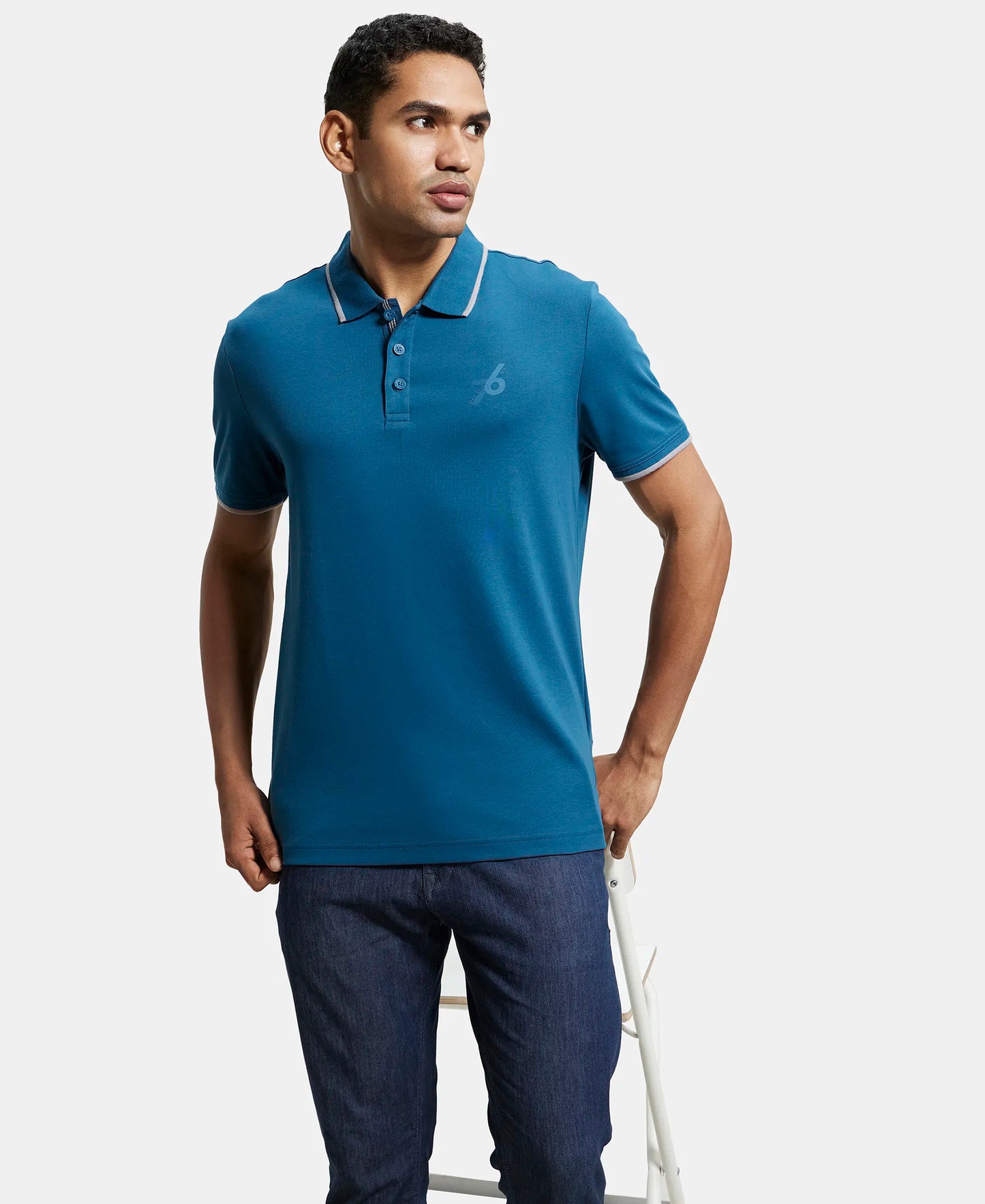 Super Combed Cotton Rich Solid Half Sleeve Polo T-Shirt - Seaport Teal-6