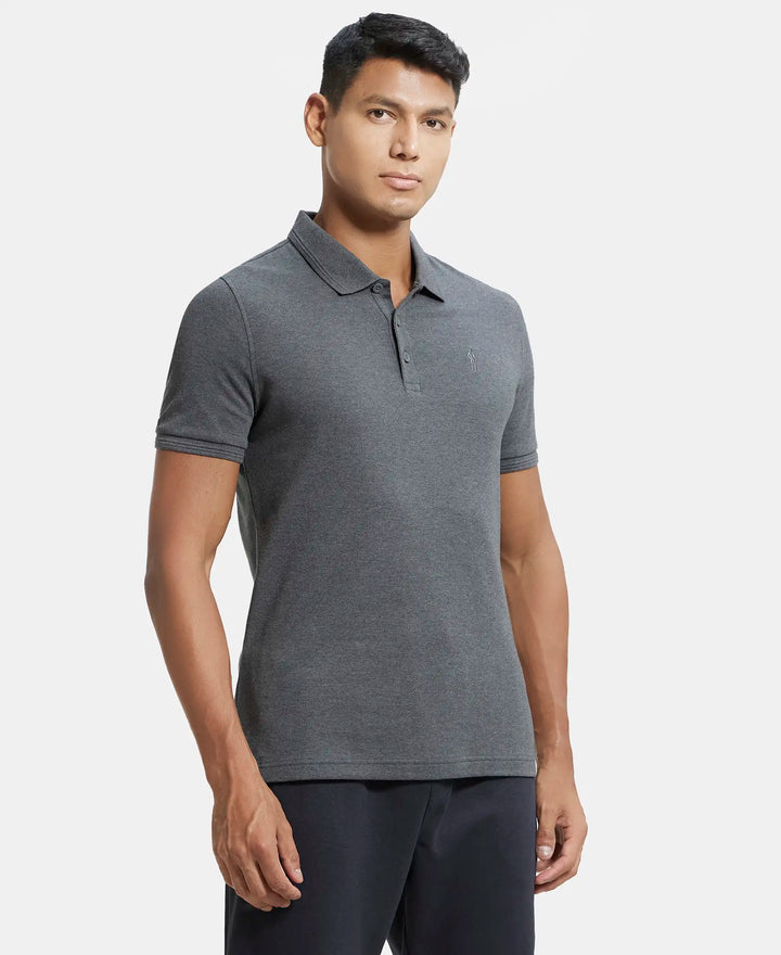 Super Combed Cotton Rich Solid Half Sleeve Polo T-Shirt - Charcoal Melange-2