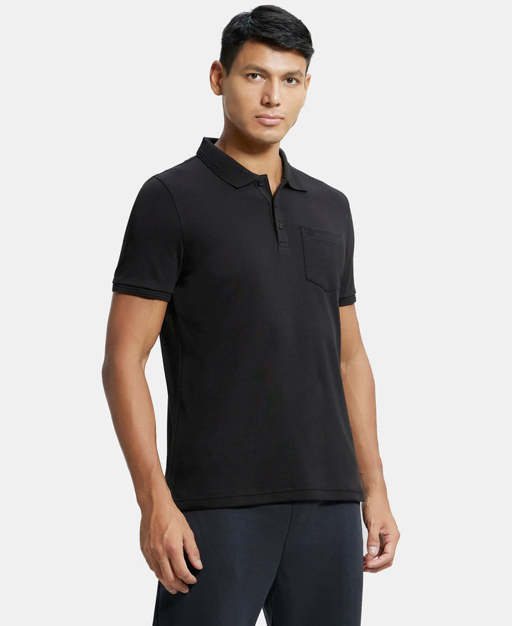Super Combed Cotton Rich Solid Half Sleeve Polo T-Shirt with Chest Pocket - Black-2