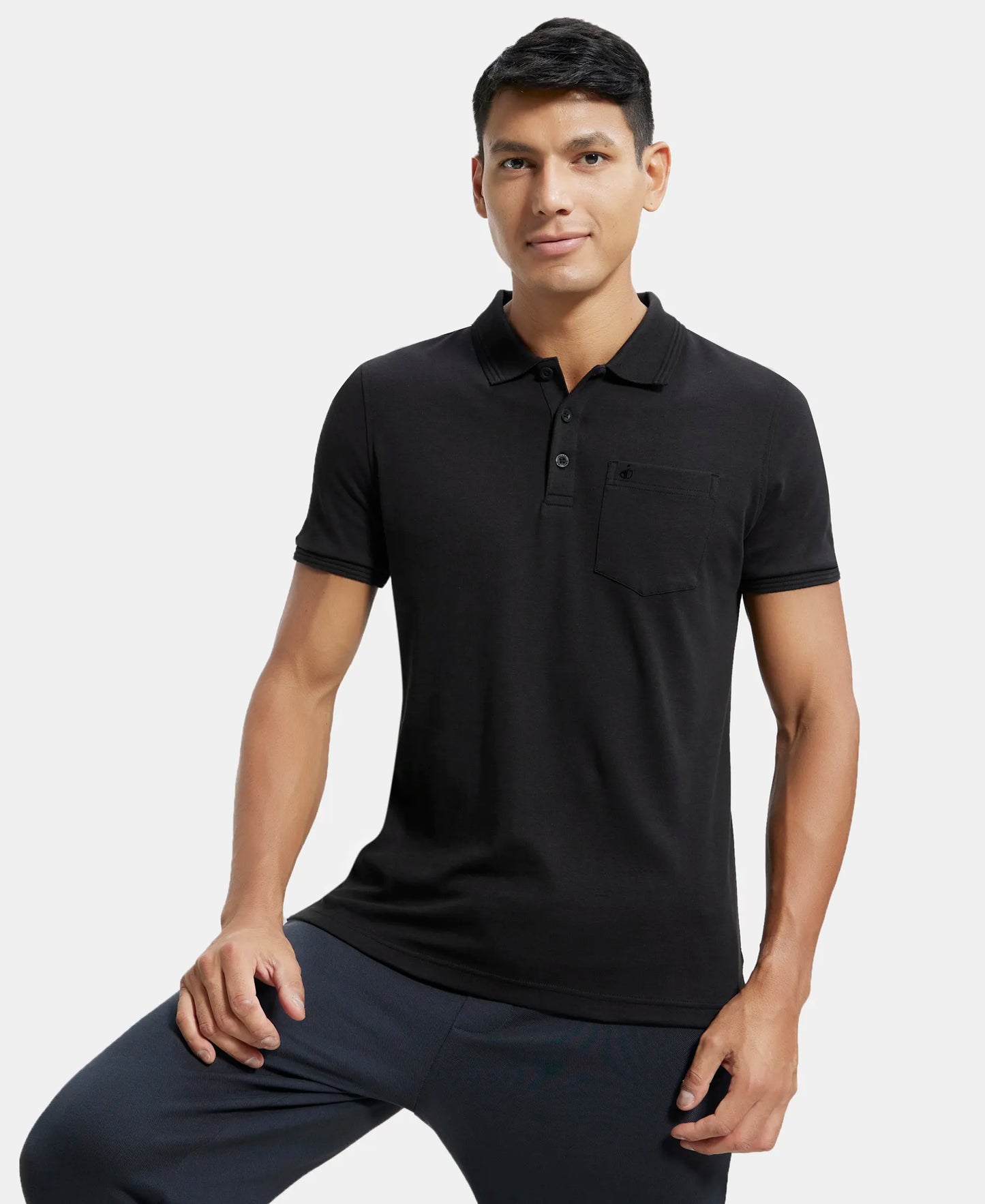 Super Combed Cotton Rich Solid Half Sleeve Polo T-Shirt with Chest Pocket - Black-5