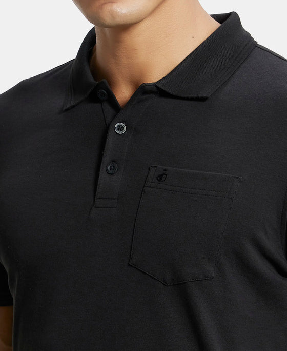 Super Combed Cotton Rich Solid Half Sleeve Polo T-Shirt with Chest Pocket - Black-7