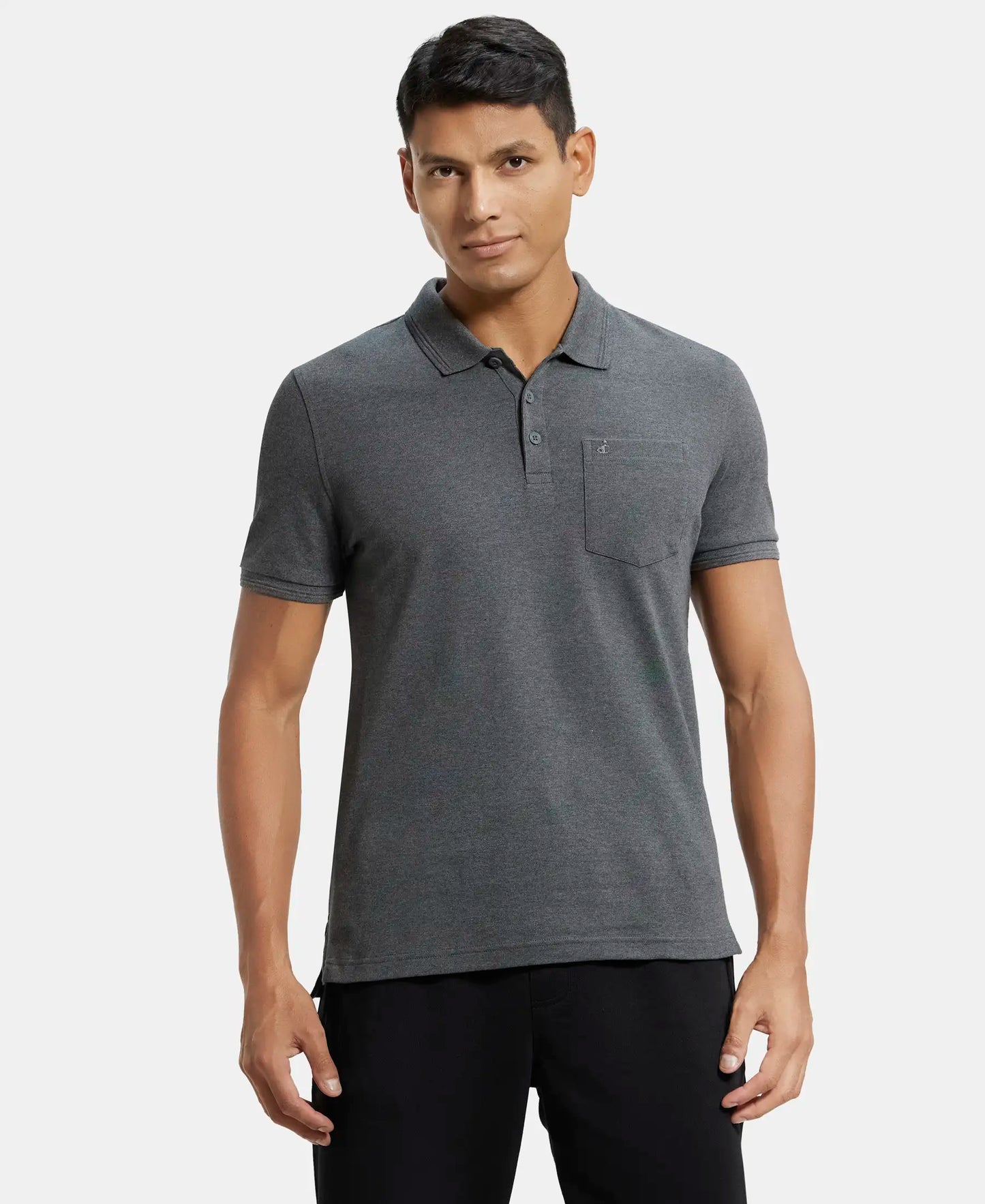 Super Combed Cotton Rich Solid Half Sleeve Polo T-Shirt with Chest Pocket - Charcoal Melange-1