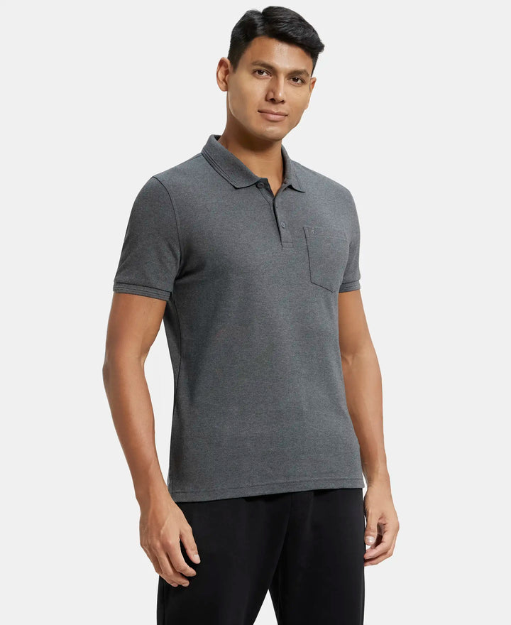 Super Combed Cotton Rich Solid Half Sleeve Polo T-Shirt with Chest Pocket - Charcoal Melange-2