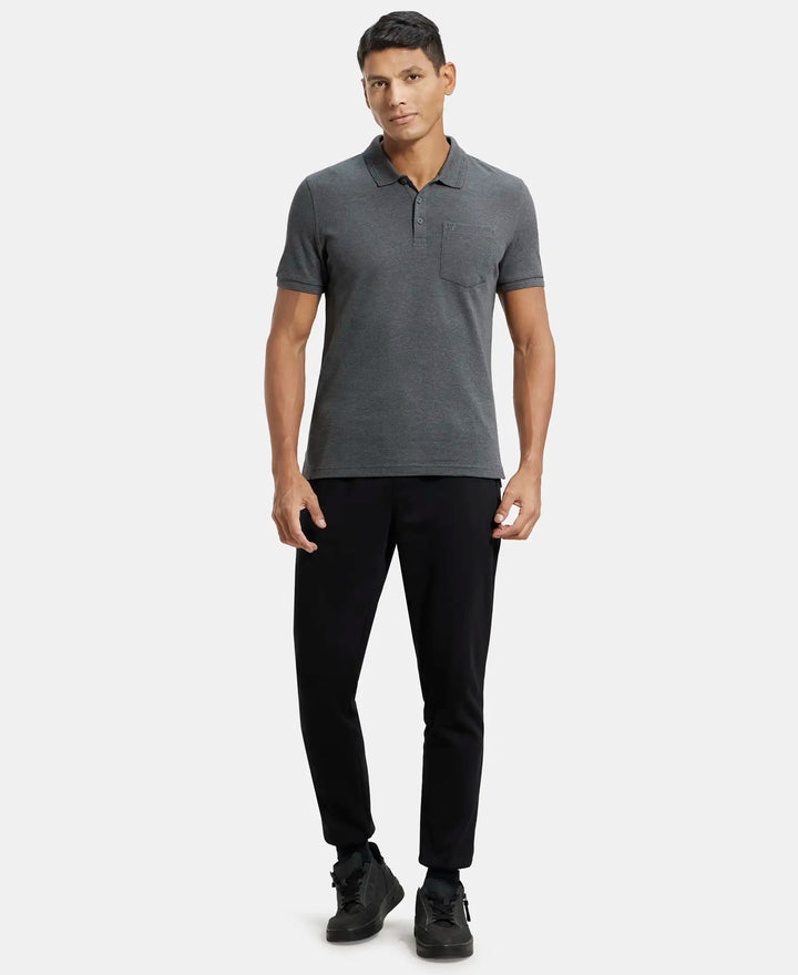 Super Combed Cotton Rich Solid Half Sleeve Polo T-Shirt with Chest Pocket - Charcoal Melange-4