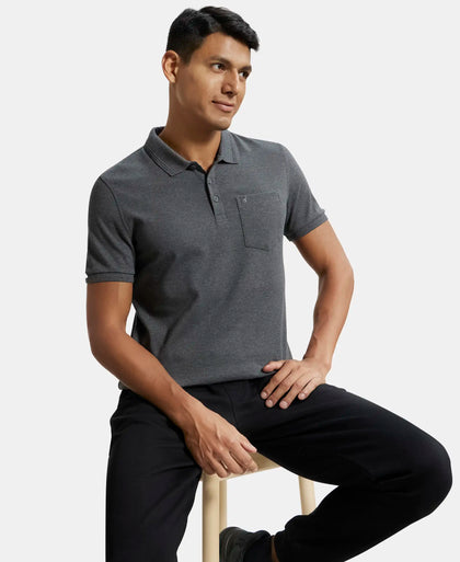Super Combed Cotton Rich Solid Half Sleeve Polo T-Shirt with Chest Pocket - Charcoal Melange-5