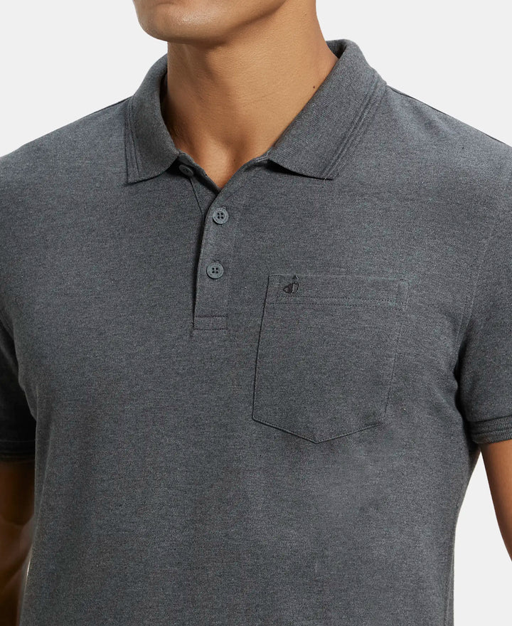 Super Combed Cotton Rich Solid Half Sleeve Polo T-Shirt with Chest Pocket - Charcoal Melange-6