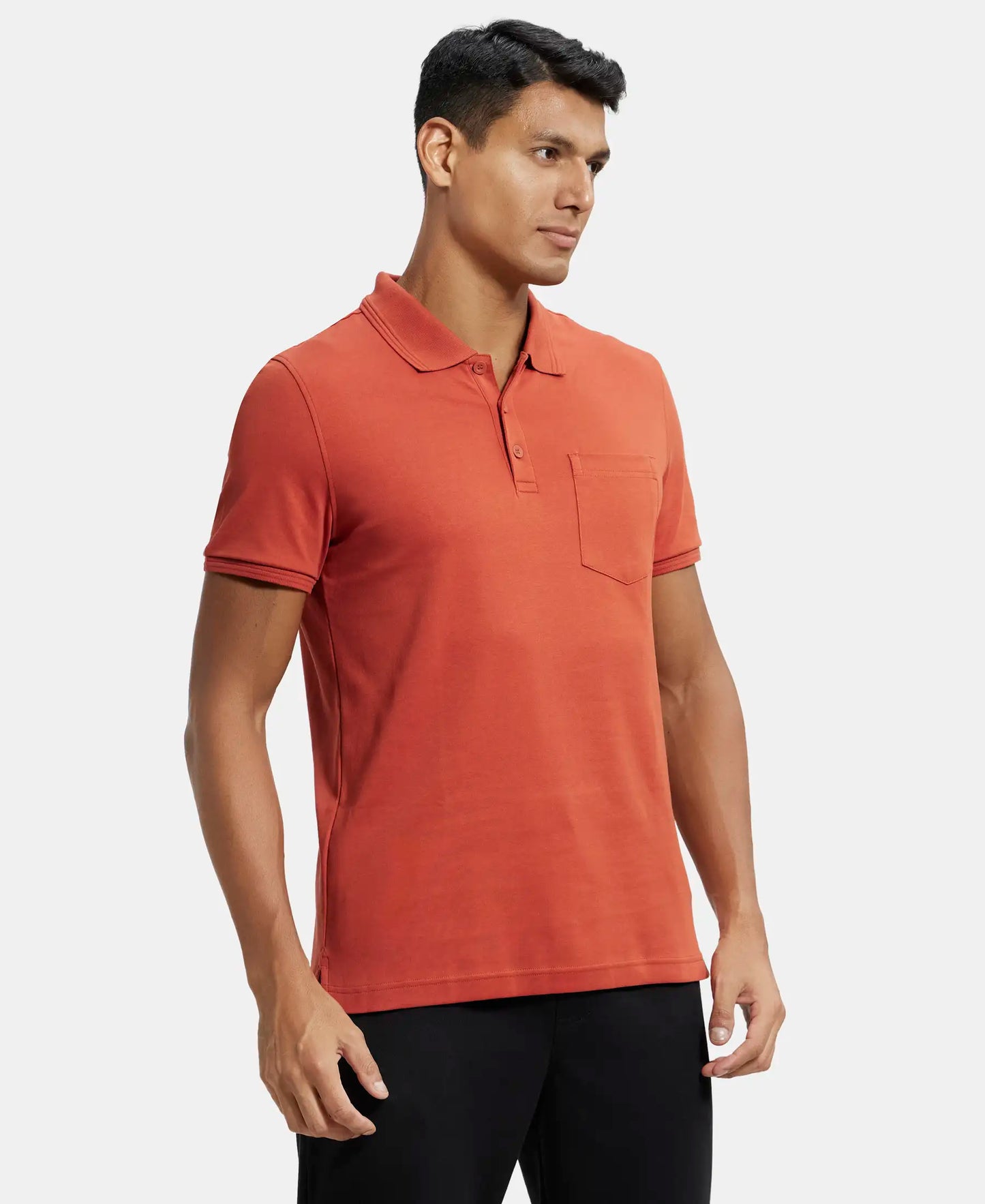 Super Combed Cotton Rich Solid Half Sleeve Polo T-Shirt with Chest Pocket - Cinnabar-2