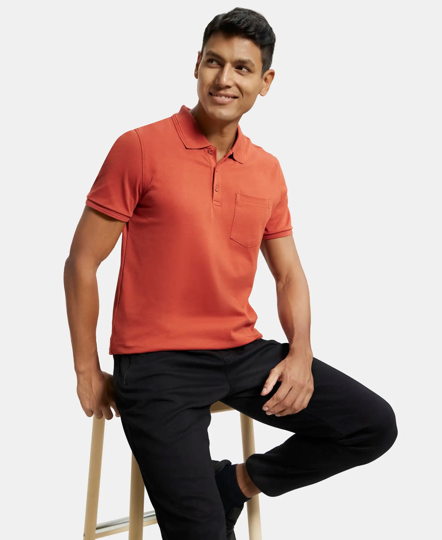 Super Combed Cotton Rich Solid Half Sleeve Polo T-Shirt with Chest Pocket - Cinnabar-5