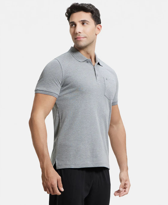 Super Combed Cotton Rich Solid Half Sleeve Polo T-Shirt with Chest Pocket - Mid Grey Melange-2