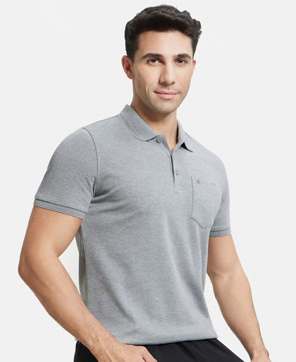 Super Combed Cotton Rich Solid Half Sleeve Polo T-Shirt with Chest Pocket - Mid Grey Melange-5