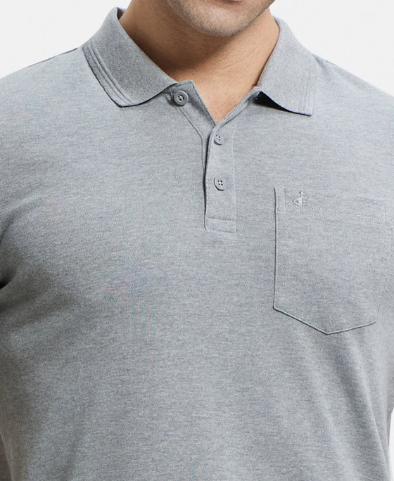 Super Combed Cotton Rich Solid Half Sleeve Polo T-Shirt with Chest Pocket - Mid Grey Melange-6