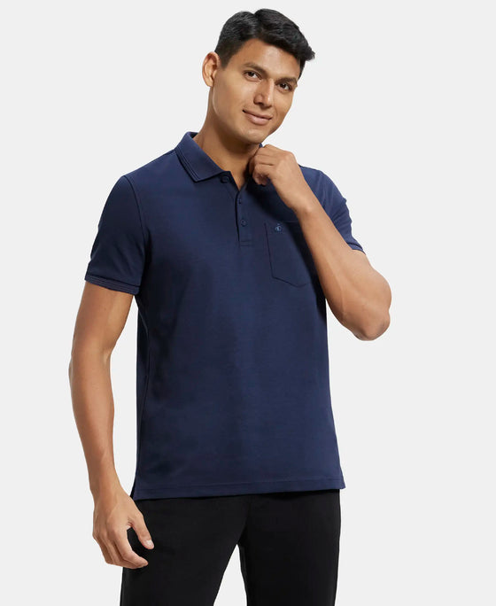 Super Combed Cotton Rich Solid Half Sleeve Polo T-Shirt with Chest Pocket - Navy-2