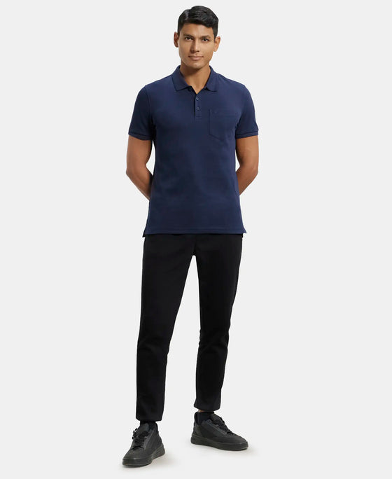 Super Combed Cotton Rich Solid Half Sleeve Polo T-Shirt with Chest Pocket - Navy-4