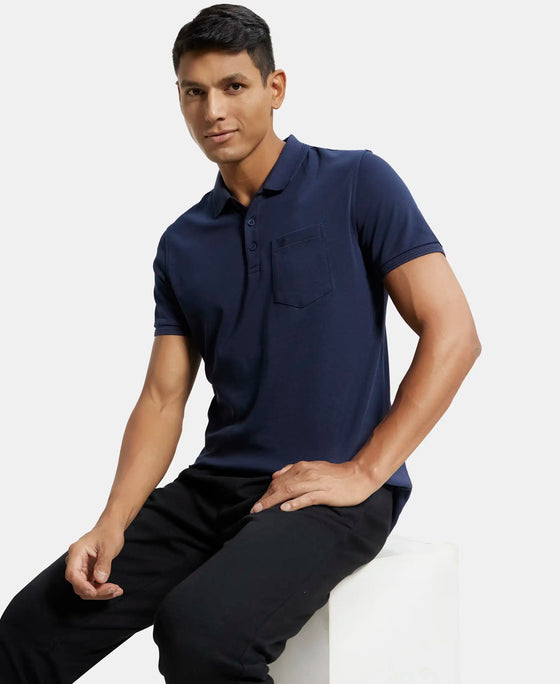 Super Combed Cotton Rich Solid Half Sleeve Polo T-Shirt with Chest Pocket - Navy-5