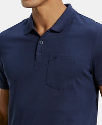 Super Combed Cotton Rich Solid Half Sleeve Polo T-Shirt with Chest Pocket - Navy-6