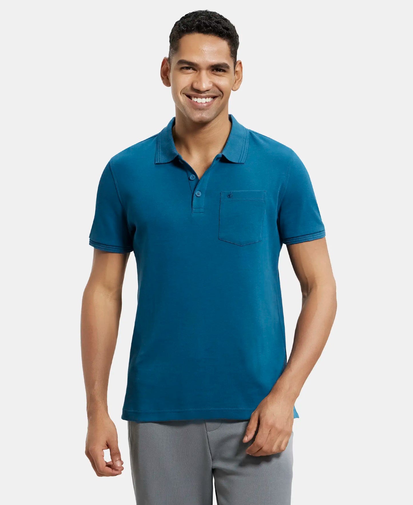 Super Combed Cotton Rich Solid Half Sleeve Polo T-Shirt with Chest Pocket - Seaport Teal-1