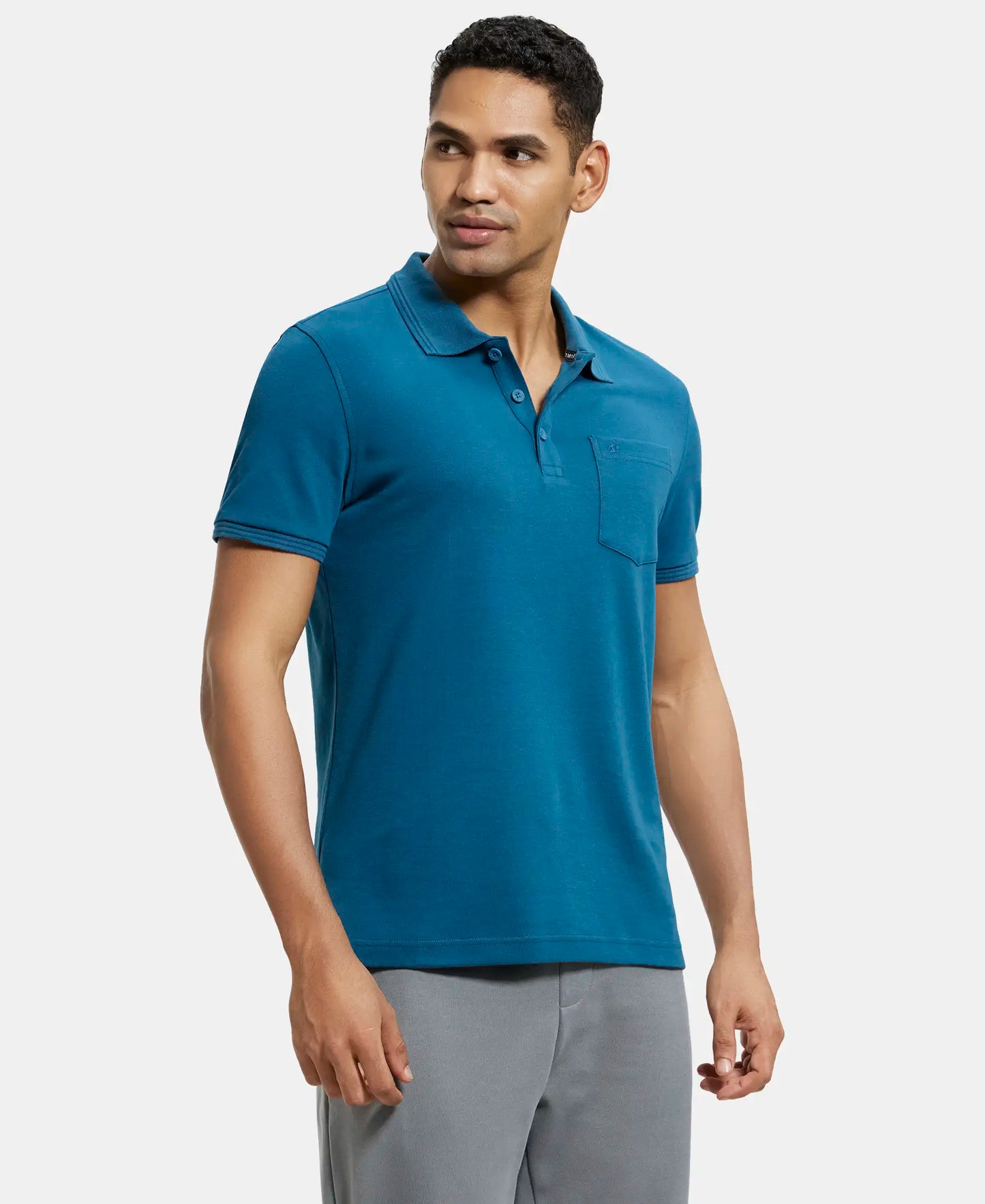 Super Combed Cotton Rich Solid Half Sleeve Polo T-Shirt with Chest Pocket - Seaport Teal-2