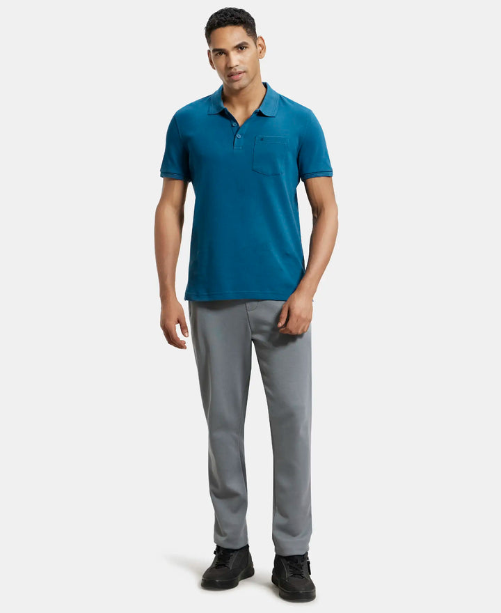 Super Combed Cotton Rich Solid Half Sleeve Polo T-Shirt with Chest Pocket - Seaport Teal-4