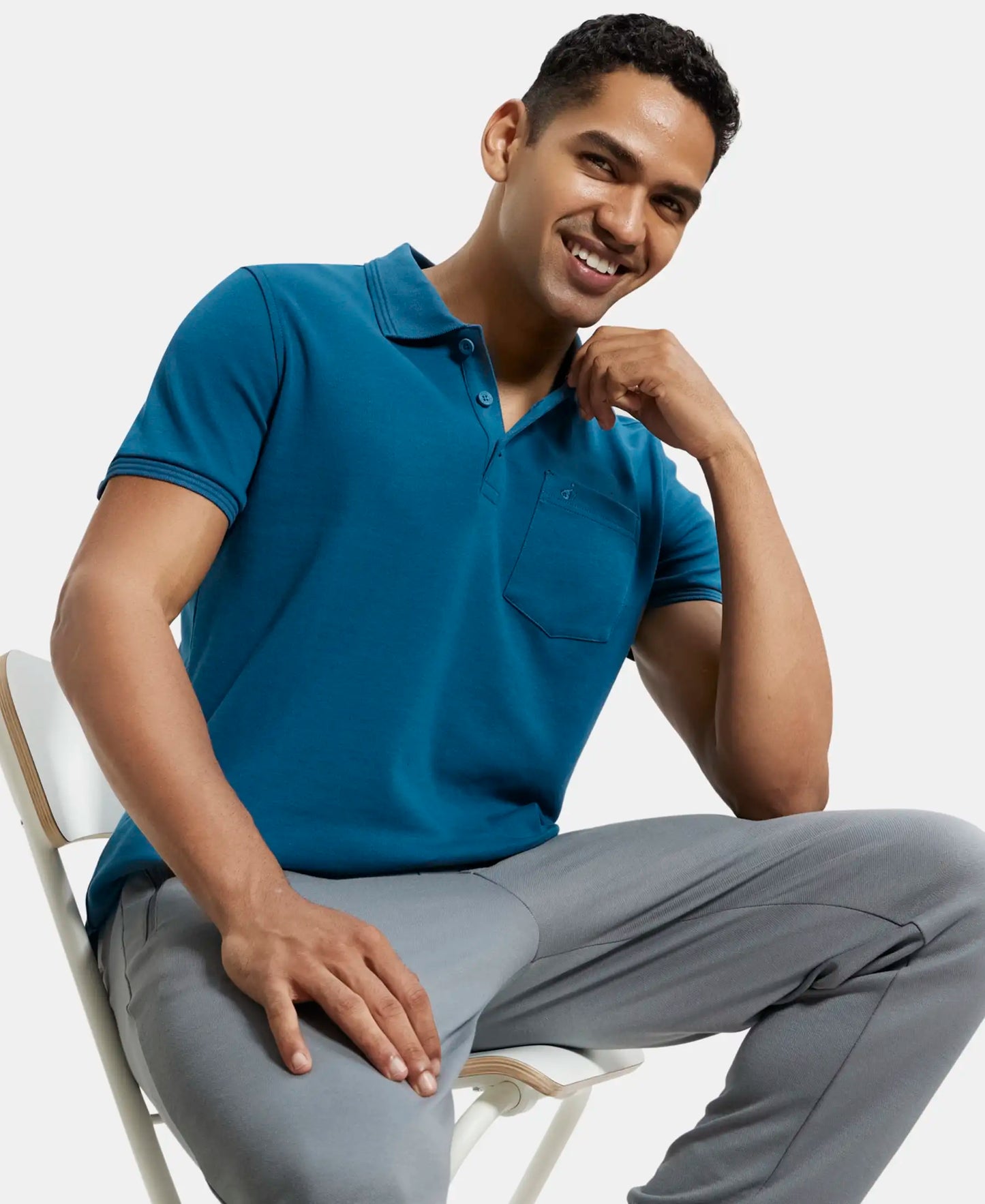 Super Combed Cotton Rich Solid Half Sleeve Polo T-Shirt with Chest Pocket - Seaport Teal-5