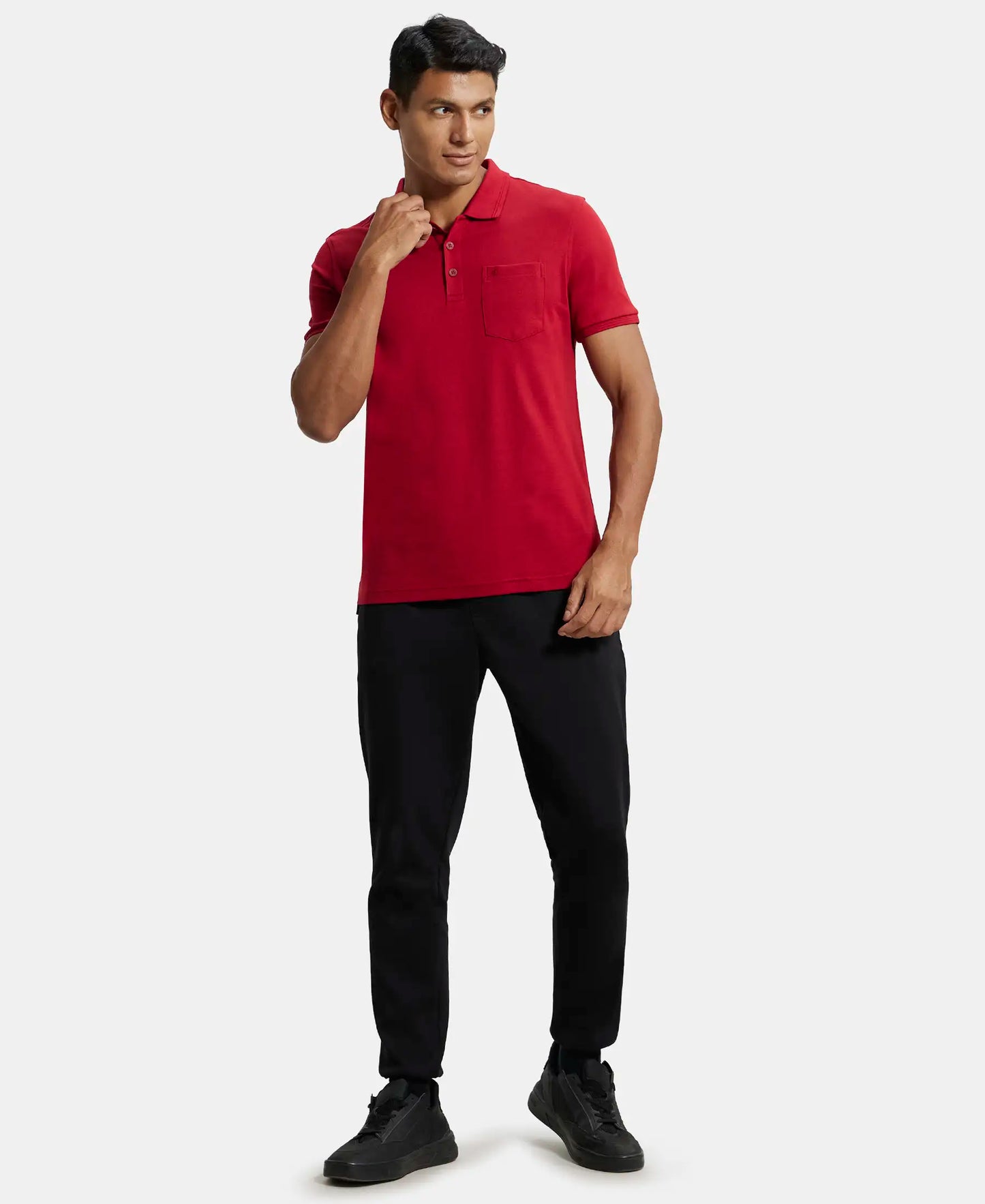 Super Combed Cotton Rich Solid Half Sleeve Polo T-Shirt with Chest Pocket - Shanghai Red-4