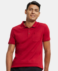 Super Combed Cotton Rich Solid Half Sleeve Polo T-Shirt with Chest Pocket - Shanghai Red-5