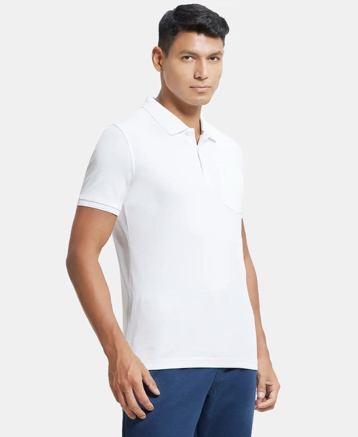 Super Combed Cotton Rich Solid Half Sleeve Polo T-Shirt with Chest Pocket - White-2