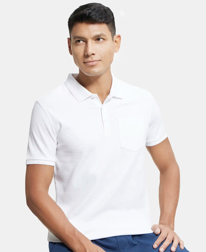 Super Combed Cotton Rich Solid Half Sleeve Polo T-Shirt with Chest Pocket - White-5