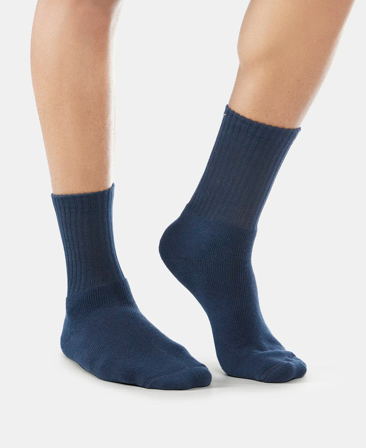 Compact Cotton Terry Crew Length Socks With StayFresh Treatment - Black/Midgrey Melange/Navy (Pack of 3)