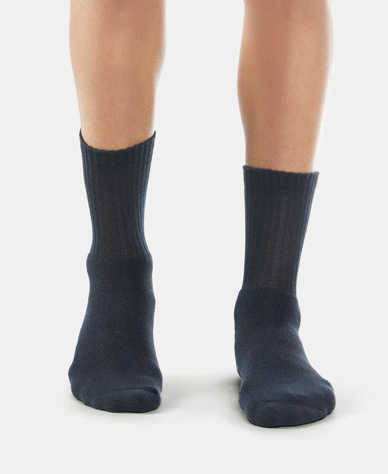 Compact Cotton Terry Crew Length Socks With StayFresh Treatment - Black/Midgrey Melange/Navy-2