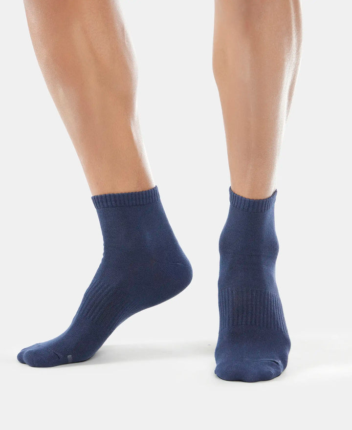 Compact Cotton Elastane Stretch Ankle Length Socks With StayFresh Treatment - Navy & Mid Grey Melange (Pack of 2)