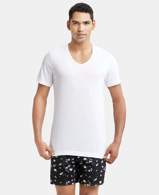 Super Combed Cotton V Neck Half Sleeved Vest with Stay Fresh Properties - White-1