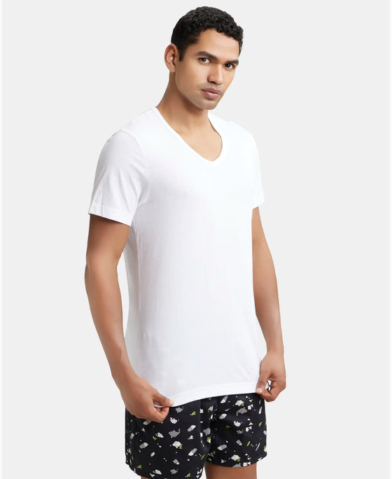 Super Combed Cotton V Neck Half Sleeved Vest with Stay Fresh Properties - White-2