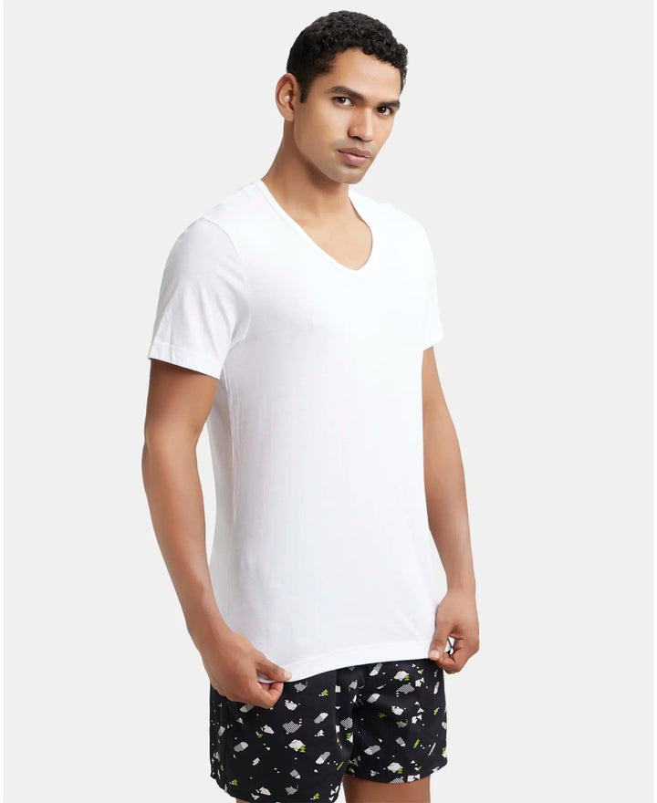 Super Combed Cotton V Neck Half Sleeved Vest with Stay Fresh Properties - White-2
