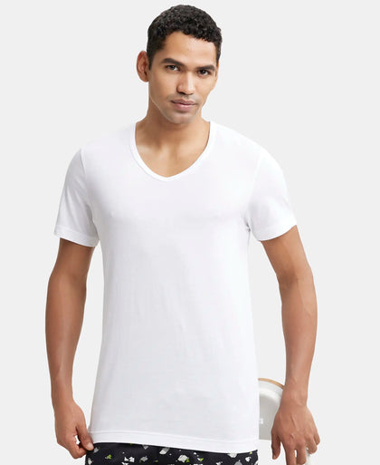 Super Combed Cotton V Neck Half Sleeved Vest with Stay Fresh Properties - White-5
