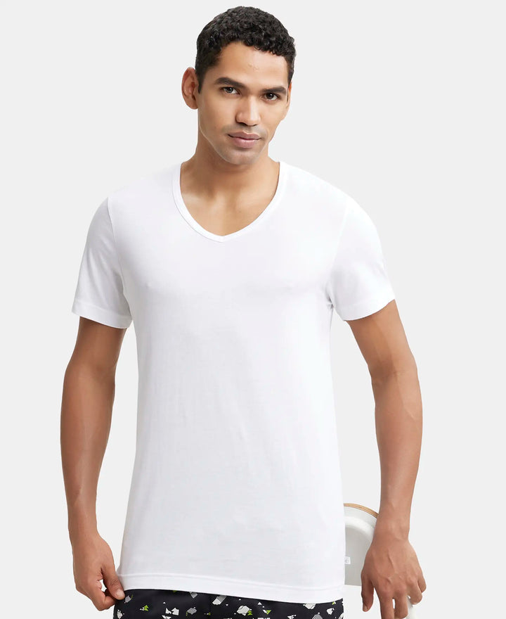 Super Combed Cotton V Neck Half Sleeved Vest with Stay Fresh Properties - White-5