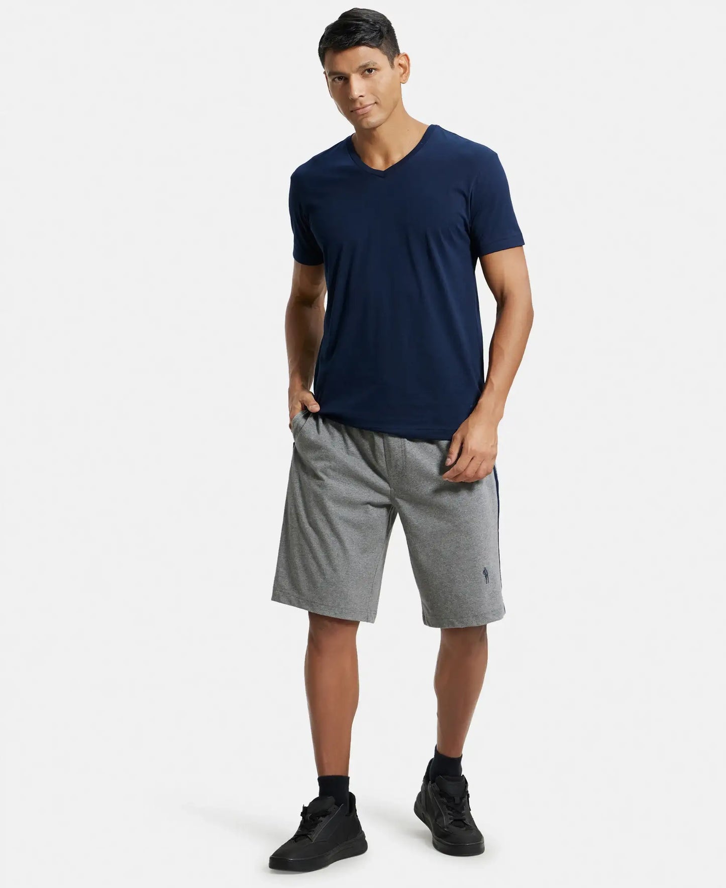 Super Combed Cotton Rich Regular Fit Shorts with Side Pockets - Grey Melange & Navy-4
