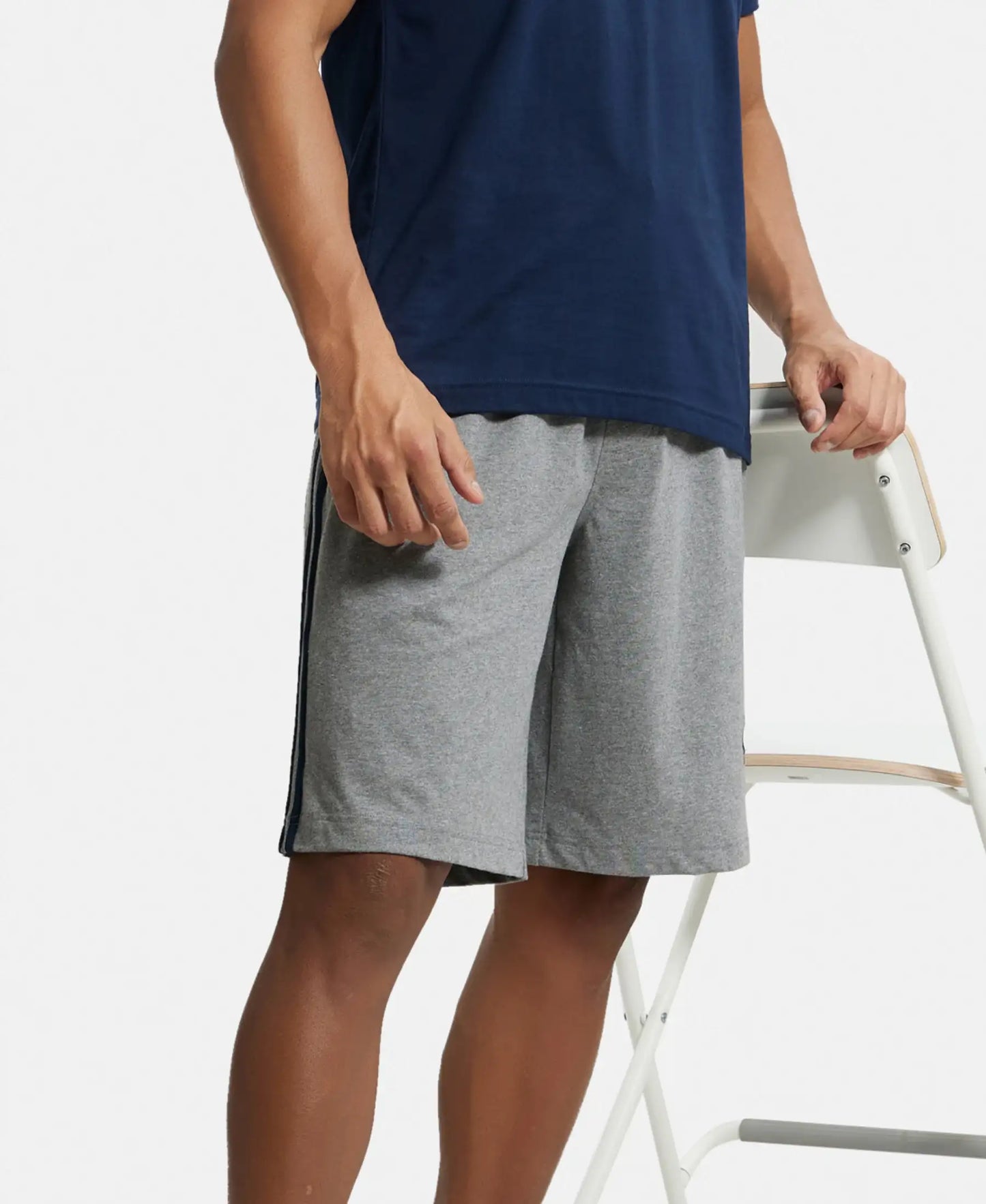 Super Combed Cotton Rich Regular Fit Shorts with Side Pockets - Grey Melange & Navy-5
